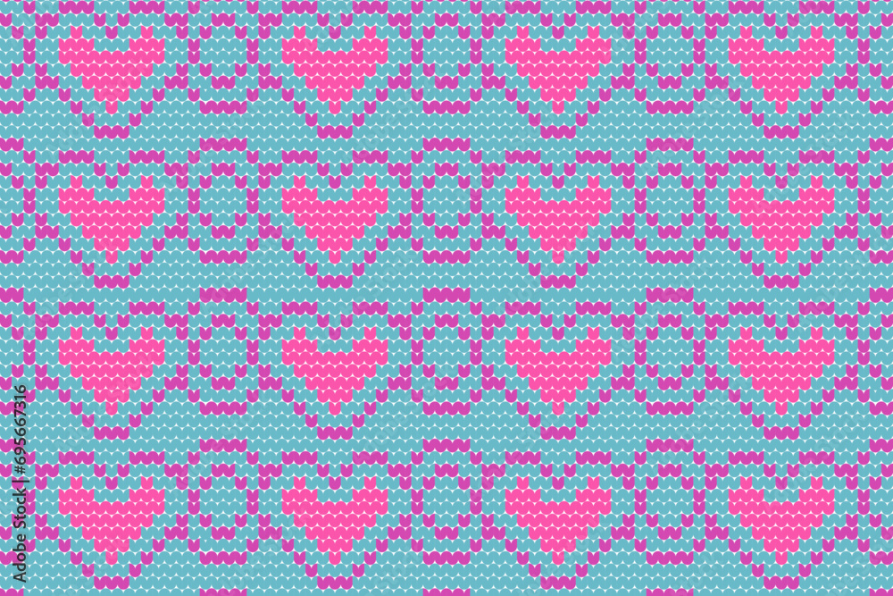 Knitted seamless pattern style. Valentine's day love festival on pink heart and blue crochet background.Vector illustration. Design for decorating, wallpaper, wrapping paper, fabric, backdrop etc.