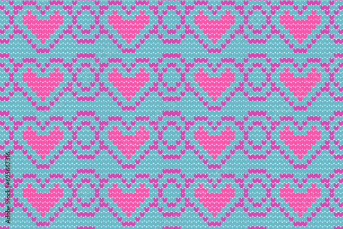 Knitted seamless pattern style. Valentine s day love festival on pink heart and blue crochet background.Vector illustration. Design for decorating  wallpaper  wrapping paper  fabric  backdrop etc.