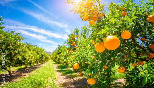 orange garden on a sunny day, ripe oranges dangling from lush trees, evoking freshness and abundance photo