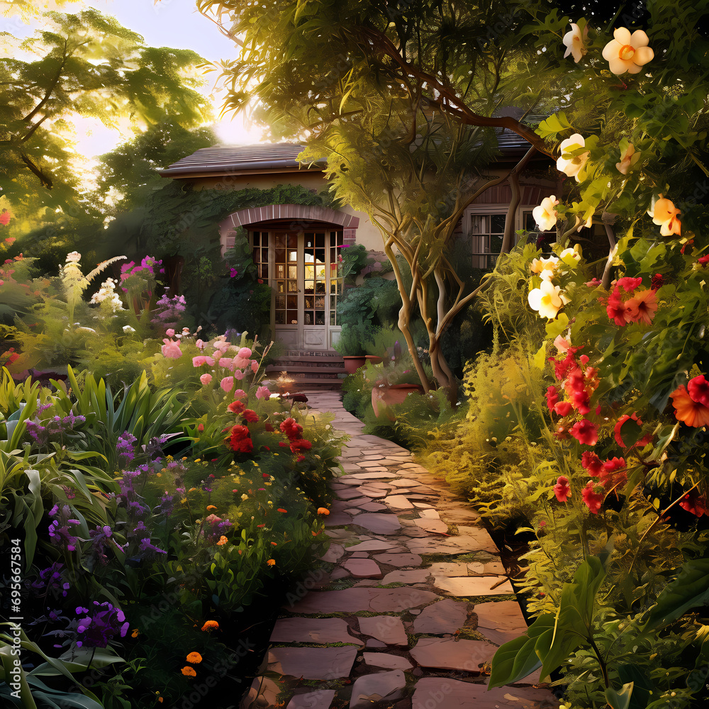 A secluded garden with vibrant flowers and meandering pathways.