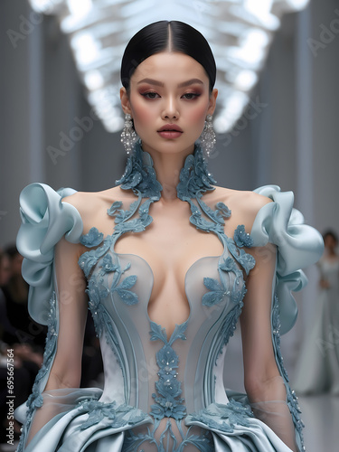 Fashion catwalk runway event, model walking the show finale.