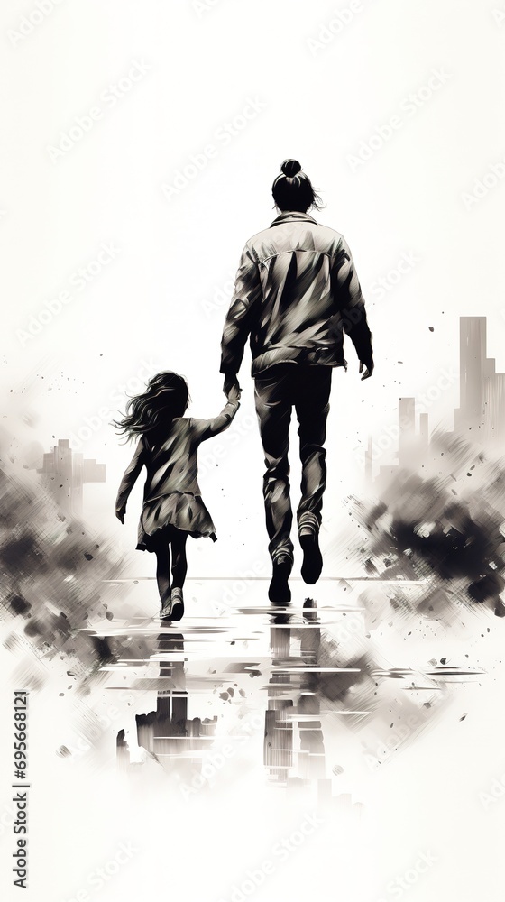 Illustration of father and daughter loveliness and togetherness in Black and white watercolor painting style