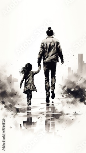 Illustration of father and daughter loveliness and togetherness in Black and white watercolor painting style