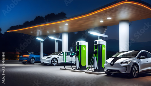 Electric car charging at station in the night