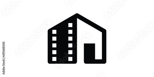 logo design combining the shape of a house with a film, film studio, film production.