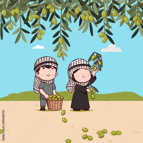Farmer harvests Olives from a tree on a farm wearing a Keffiyeh scarf in Palestine