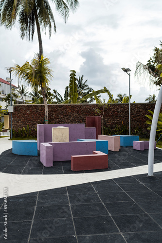 Urban architecture, colored geometric benches in an urban public park , Indonesia, Asia