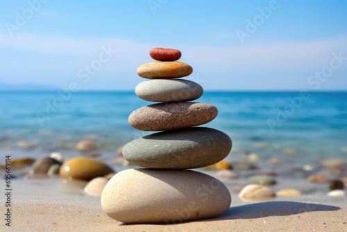 Simple composition of a pebble stack on a beach  depicting balance and harmony.
