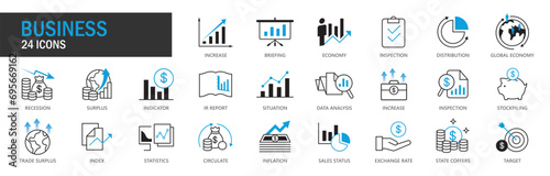 Business Icon Set World Economy, Trade Surplus, IR Report, Data Analysis, Exchange Rate, Sales Status, Inflation, Increase, Target, Icon Vector Collection. Icon Vector Collection. EPS, PNG, JPG