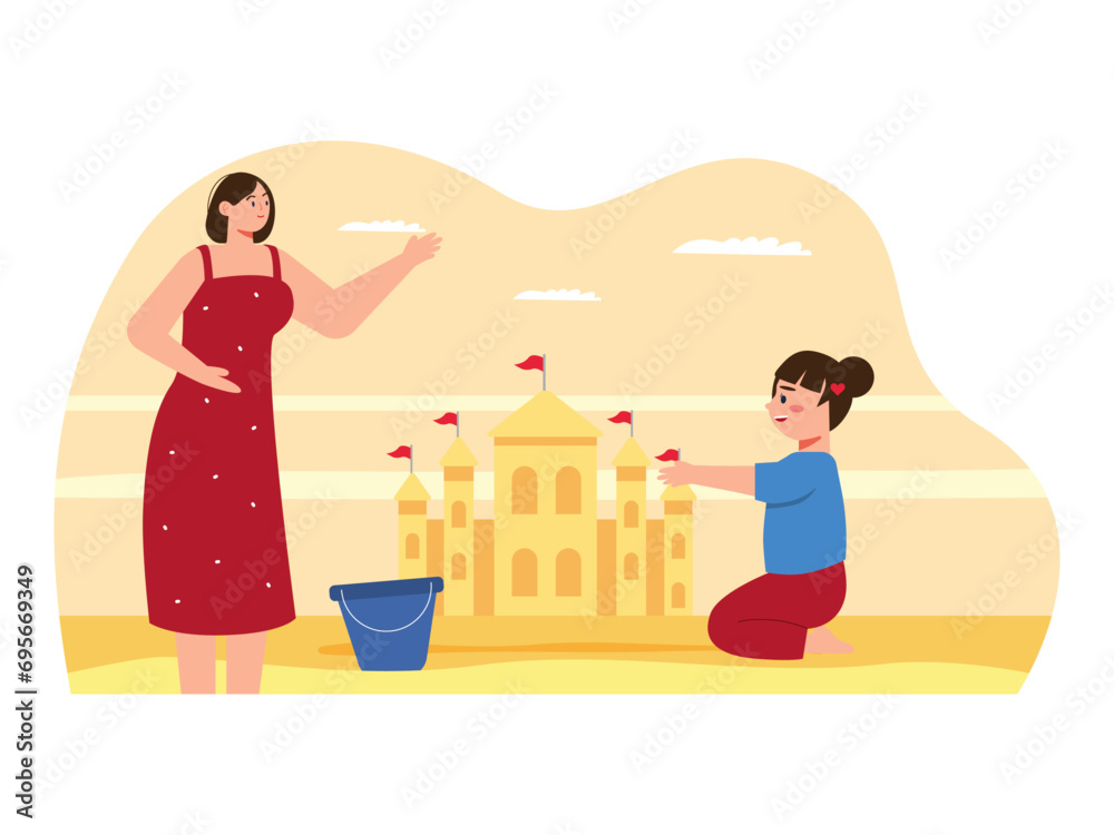 Mother accompanies her daughter to play in the sand. Parenting illustrations.