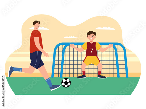 Father accompanies his son playing football. Parenting illustrations.