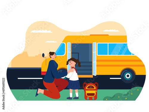 Mother takes her child to school. Parenting illustrations.