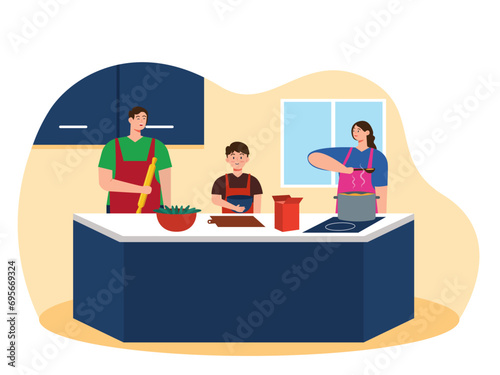A family cooking in the kitchen together. Parenting illustrations.