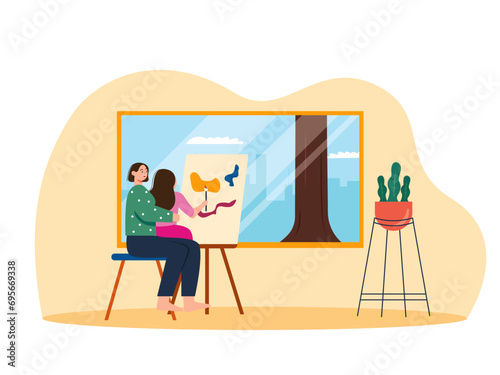 Mother accompanies her child who is painting. Parenting illustrations.