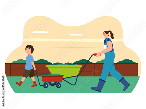 Son helps mother in the garden. Parenting illustrations.