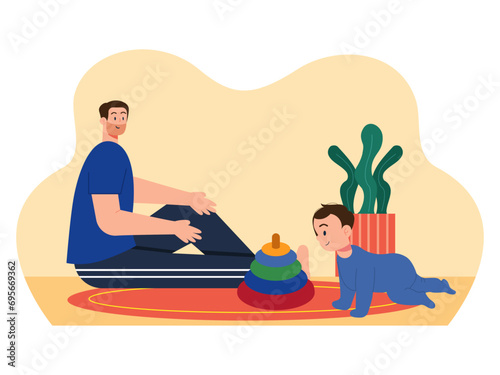 Father accompanies his son to play. Parenting illustrations.