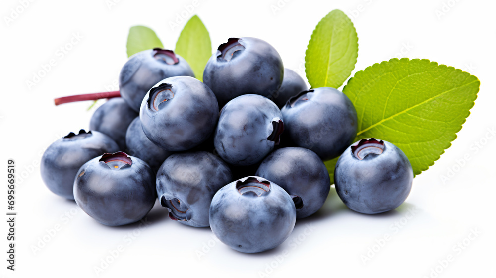 a bunch of blueberries with leaves on a white surface a bunch of blueberries with leaves on a white surface