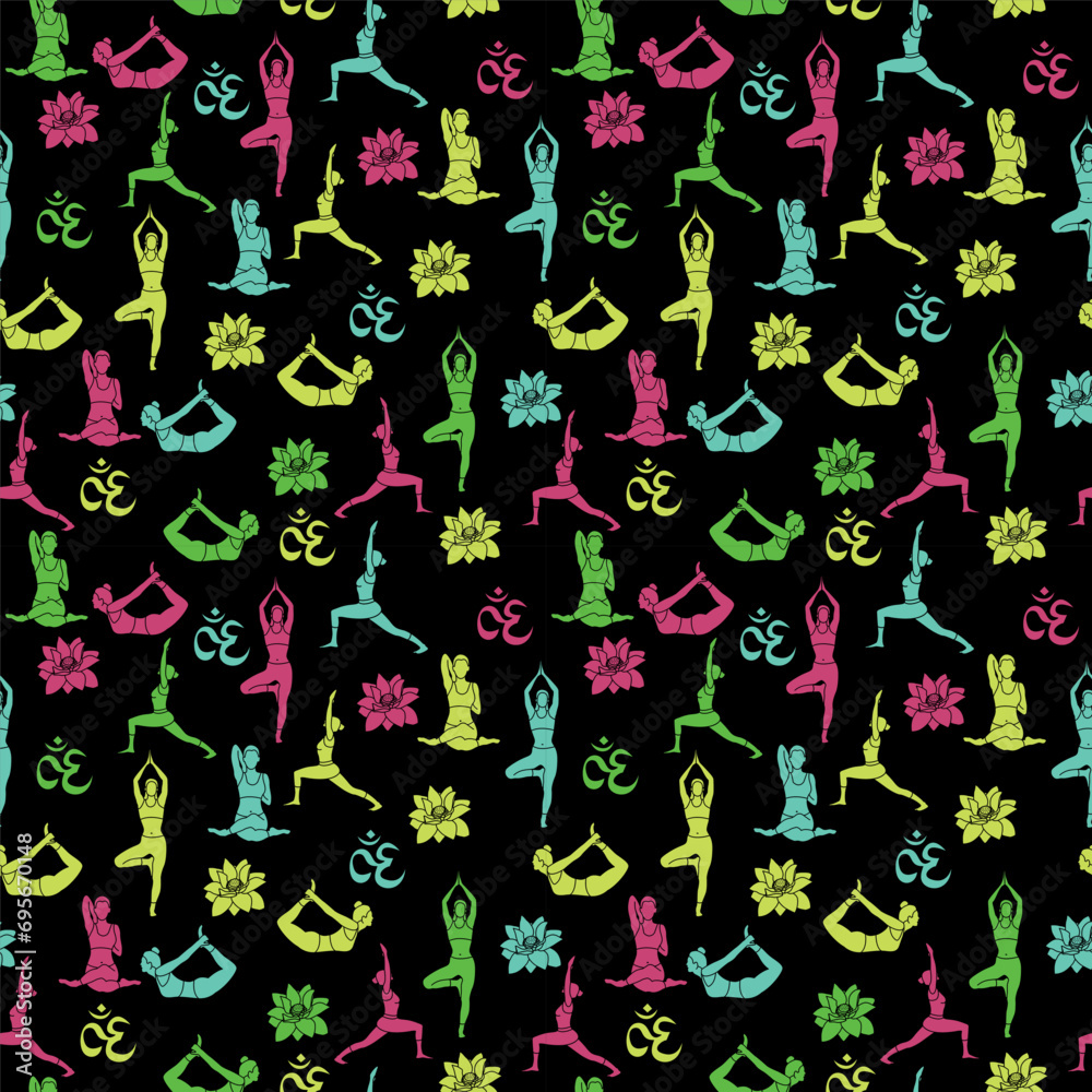Yoga poses have a seamless pattern background with women in yoga poses. Great for healthy lifestyle and workout-inspired products, fabrics, packaging, and wallpaper projects. Healthy lifestyle. Yoga poses have a seamless pattern background with women in yoga poses. Great for healthy lifestyle and workout-inspired products, fabrics, packaging, and wallpaper projects. Healthy lifestyle.