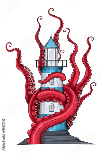 Octopus with tentacles wrapped around a lighthouse