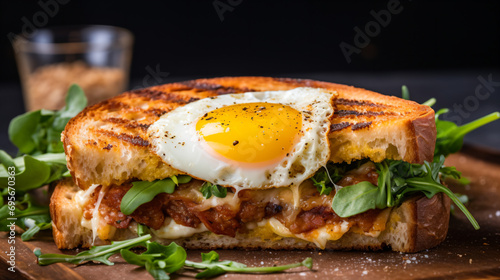 a grilled sandwich with an egg on top photo