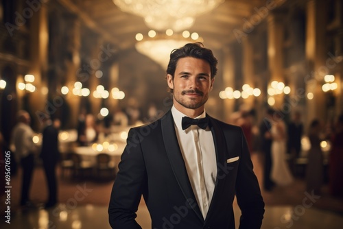 Stylish man wearing a 1920s tuxedo with a bow tie at a grand ballroom event.