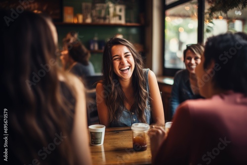 Young woman laughing with friends in a whimsical, imaginary coffee shop.
