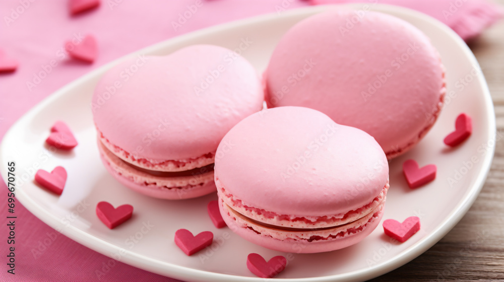 three pink macarons on a white plate with hearts three pink macarons on a white plate with hearts