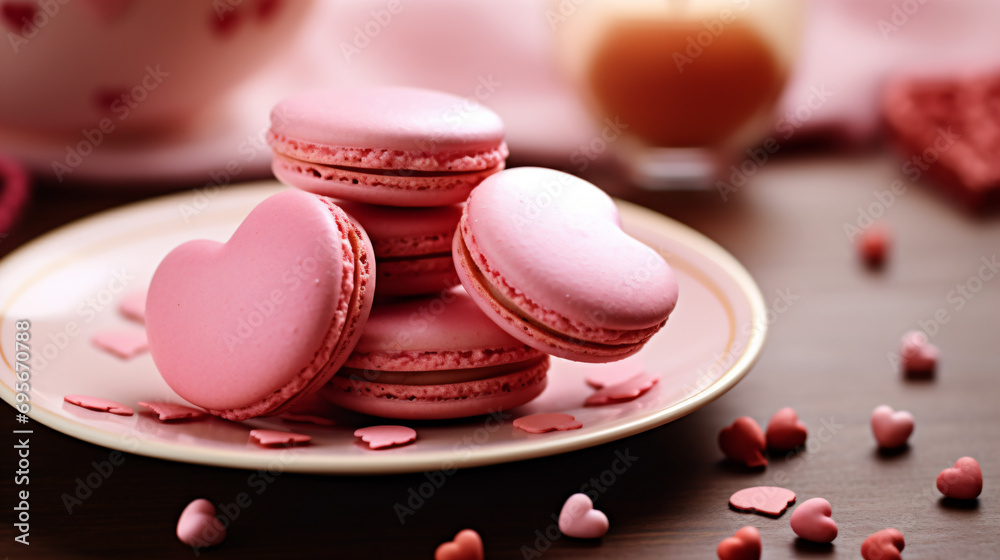 a plate with pink macarons on it and hearts scattered around a plate with pink macarons on it and hearts scattered around