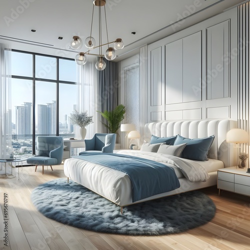 A bedroom with large windows and modern furniture  white and blue  luxurious  mid century modern style