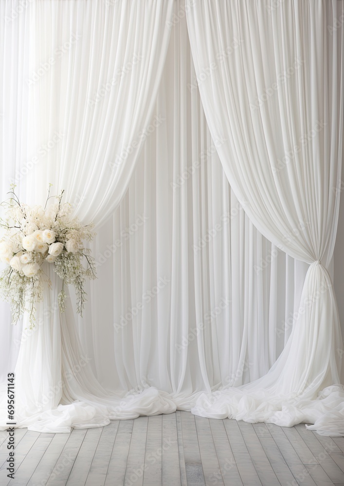 Serene Elegance: White Dreamy Sheer Curtain Backdrop Illuminates Minimalist Interior with Graceful Atmosphere and Contemporary Chic
