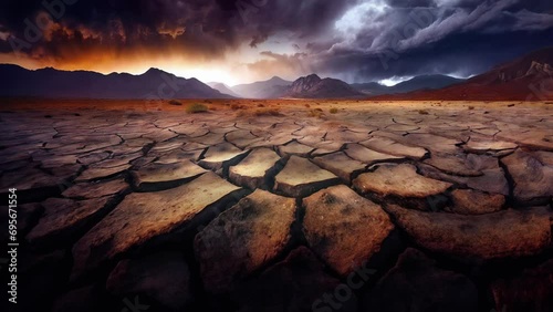 Cracked earth desolate landscape loop. Climate change concept. Global warming. Clip 695149648 of a plant growing from a crack can be joined to the end. Visual effects applied to AI background. photo
