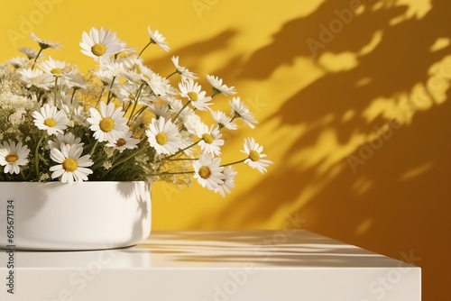 Realistic 3D render blank empty stylish white marble products display podium with beautiful white bellis perennis daisy bouquet and foliage shadow on bright mustard yellow wall. generative ai. photo
