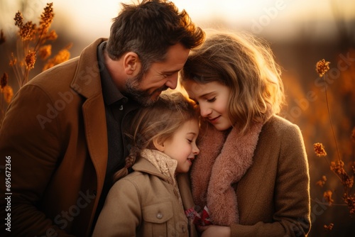 Affectionate couple with two daughters kissing in rural field at sunset
