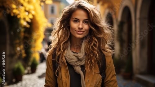 A beautiful and cheerful woman is captured as she walks along a charming,