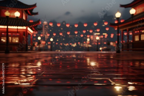 Chinese concept with an empty wood floor and red lantern decoration with a Chinatown background. © Nathasa