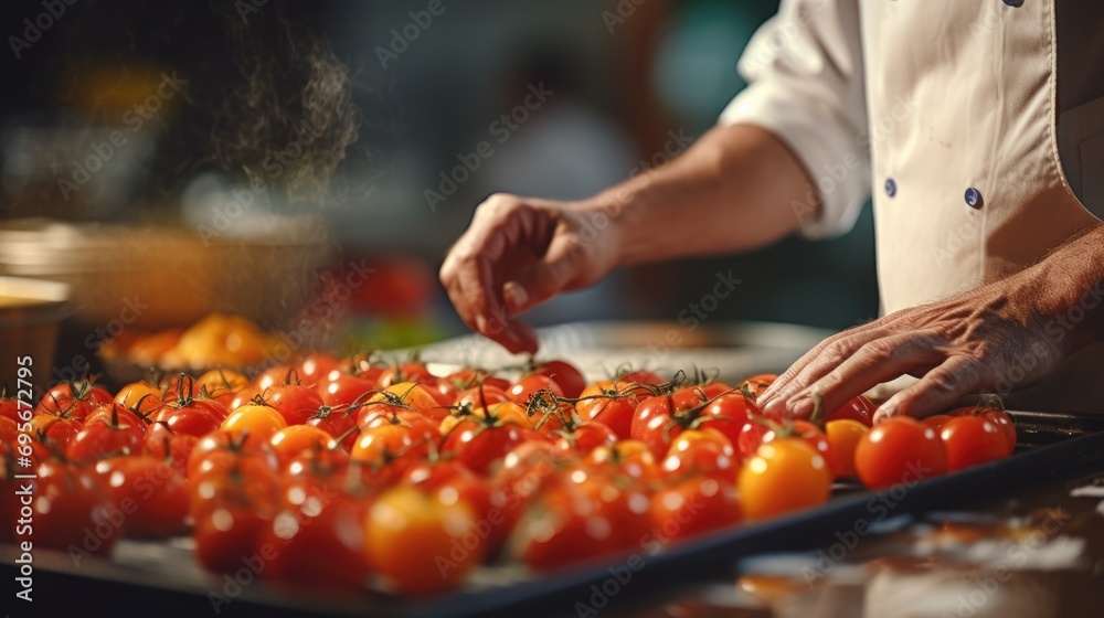 Culinary Mastery: Witness the Expertise of a Professional Chef as Their Hands Work with Fresh Tomatoes in the Kitchen, Showcasing Gourmet Artistry and Culinary Creativity.