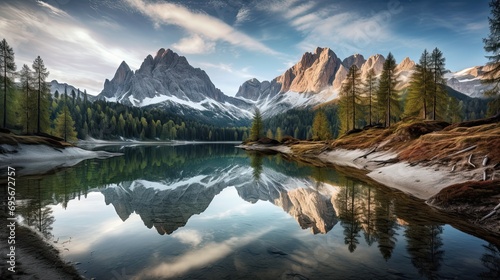 Lake Prags reflecting mountains Dolomites Italy