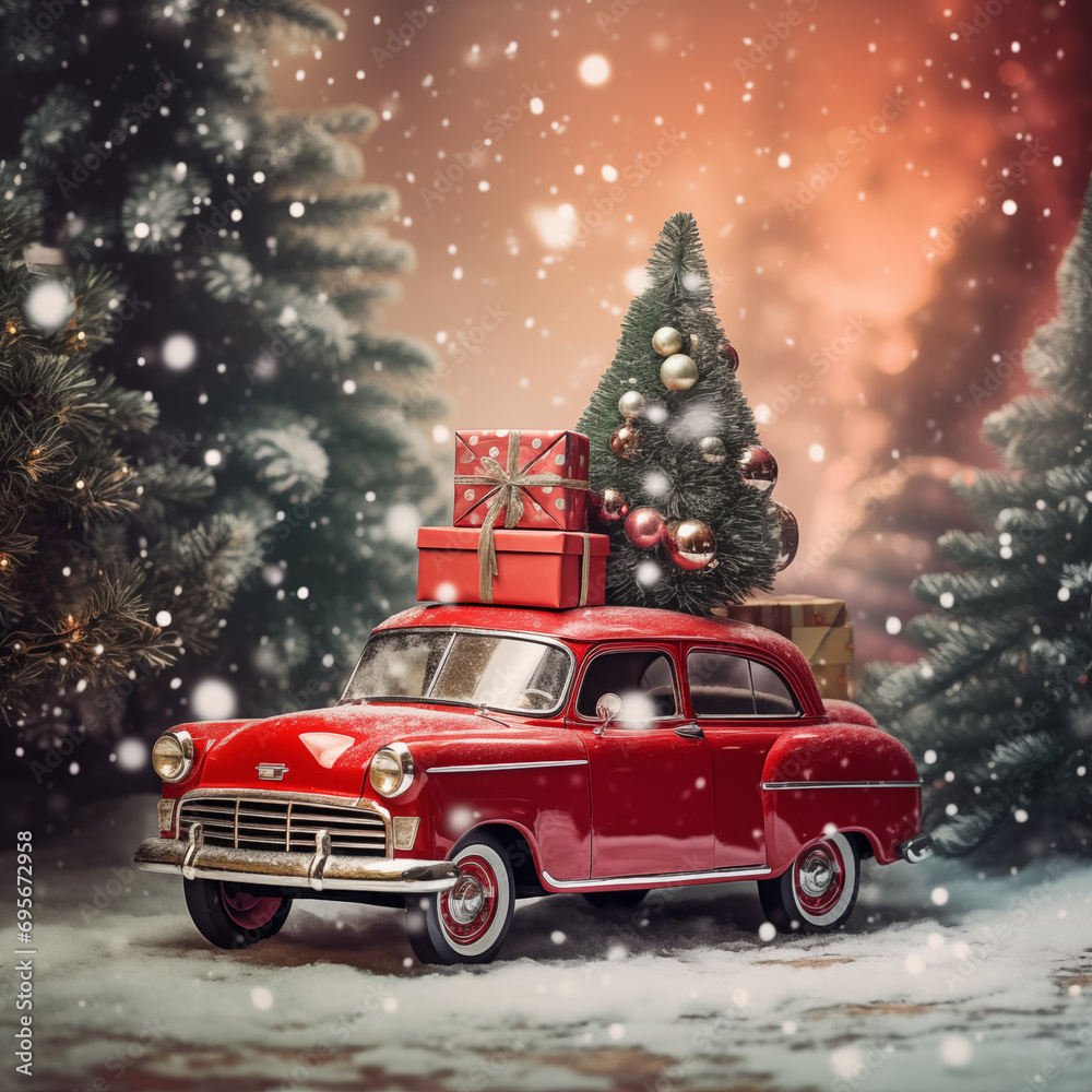 santa claus driving car, Red Santa's car with gift boxes and christmas tree on the top. Merry Christmas and a Happy New Year concept. Red vintag car with Christmas tree


