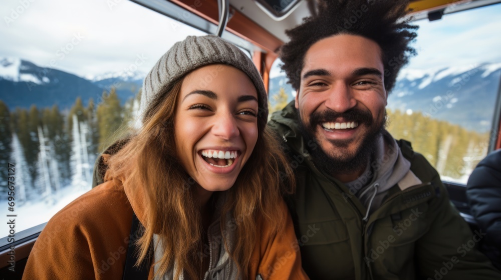 Young Multiracial Skiers Smiling on Ski Lift, Misty Day Eurasian young woman and Caucasian young man skiers enjoying chairlift ride. Young Multiracial Skiers Smiling on Ski Lift, Misty Day Eurasian young woman and Caucasian young man skiers enjoying chairlift ride.