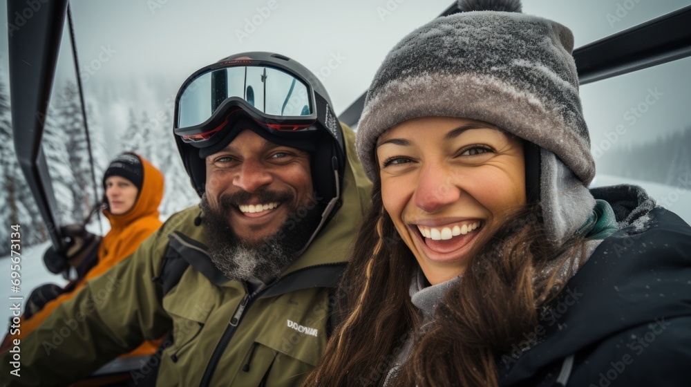 Young Multiracial Skiers Smiling on Ski Lift, Misty Day Eurasian young woman and Caucasian young man skiers enjoying chairlift ride.
