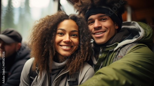 Young Multiracial Skiers Smiling on Ski Lift, Misty Day Eurasian young woman and Caucasian young man skiers enjoying chairlift ride. photo