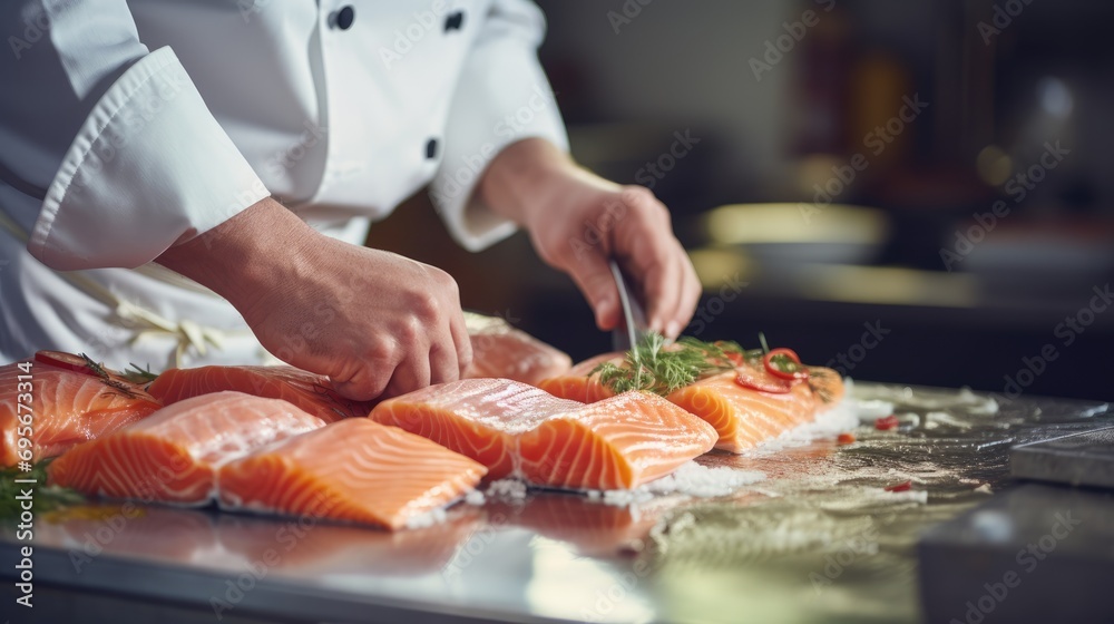 Gourmet Creation: Experience the Art of Culinary Excellence as a Professional Chef Prepares a Fresh Salmon Fillet, Showcasing Expertise and Skillful Cooking Techniques.