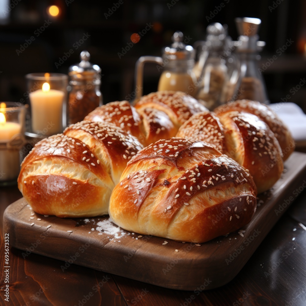 Bakery Night View Realistic Image of Buns in Tray on Table Generative AI