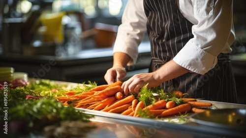 Farm-to-Table Delight: Witness a Professional Chef Artfully Preparing Fresh Organic Carrots with Stem, Showcasing Culinary Expertise and a Commitment to Delicious, Seasonal, and Sustainable Cuisine.