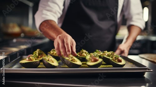 Observe a Professional Chef Skillfully Preparing Fresh Avocado, Showcasing Culinary Artistry and Expertise in Gourmet Cooking with Nutrient-Rich and Delicious Ingredients.