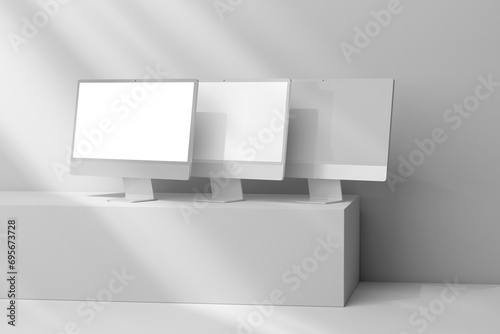 Computer device mockup. Realistic scene and easy to edit. Minimalist background with blank screen