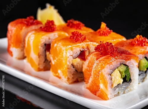Japanese food, sushi isolated on black background, closeup photography. Studio photography. Ideal for restaurant web/promotion/advertisement/banner/design, with copy space for text/logo/graphic design