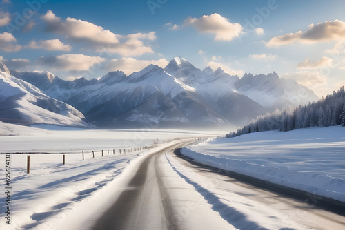 A beautiful highway cutting through snow-covered landscapes © Ahsan