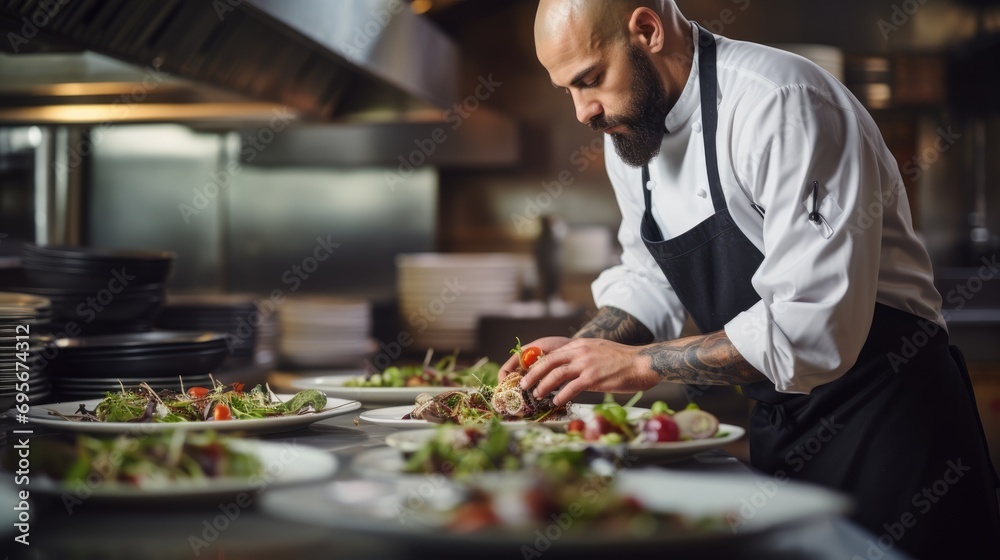 Plant-Based Artistry: Culinary Excellence of a Professional Chef Crafting a Fresh and Colorful Vegan Salad, Showcasing Expertise in Gourmet and Nutrient-Rich Cuisine.