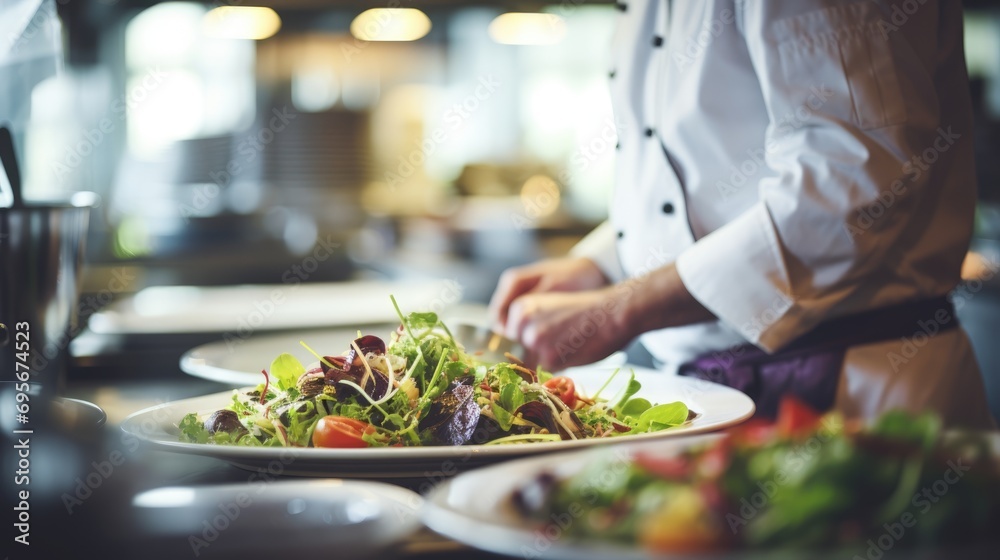 Elevating Salad Making: Chef Demonstrates Culinary Expertise as Fresh Ingredients Come Together in a Colorful Salad Preparation Scene.